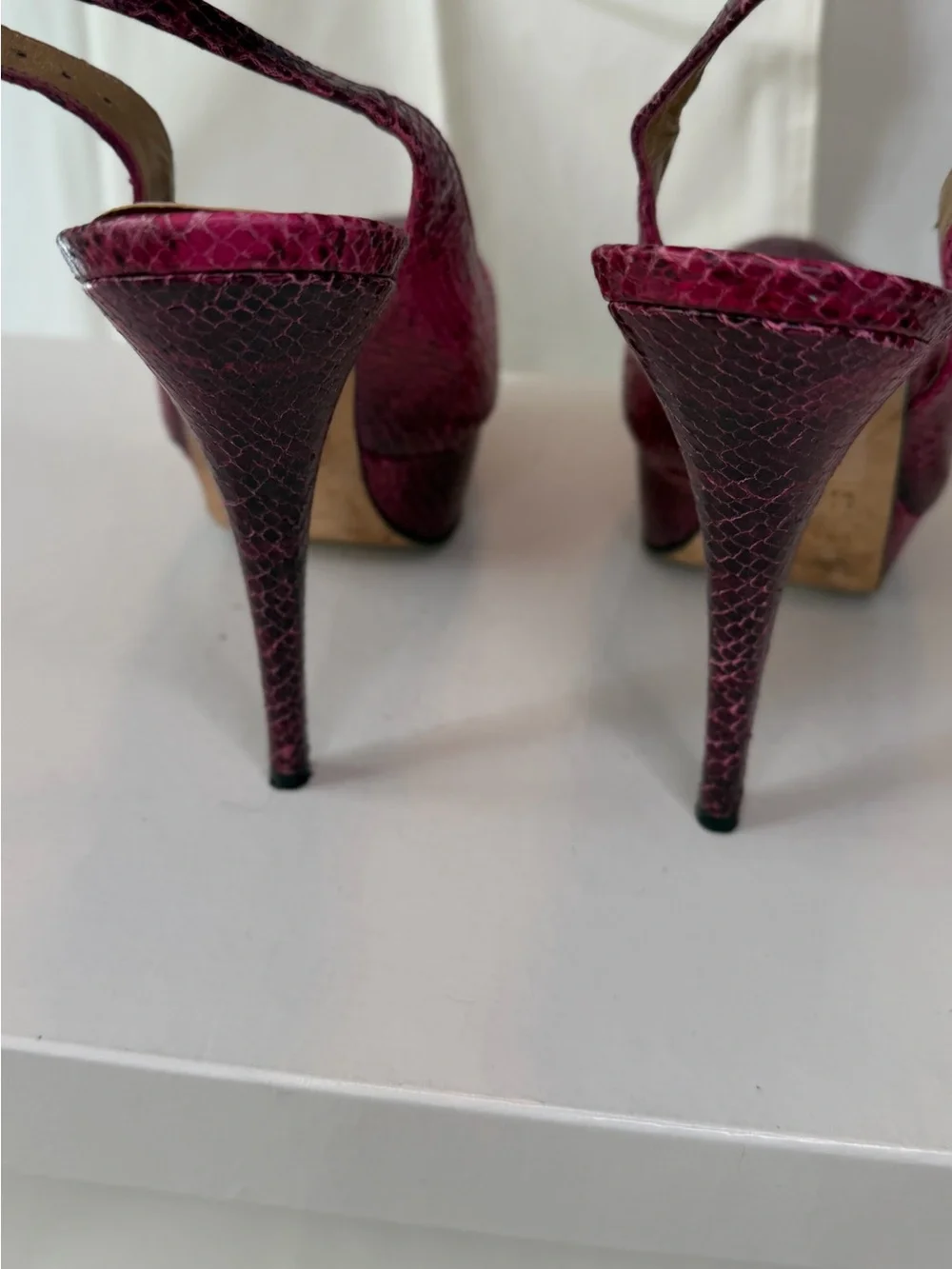 Stuart Weitzman Fuchsia Snakeskin Peep-Toe Slingback Heels